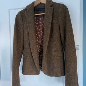 ZARA Green Brown 100% Woo Blazer Blazer with Elbow Patches